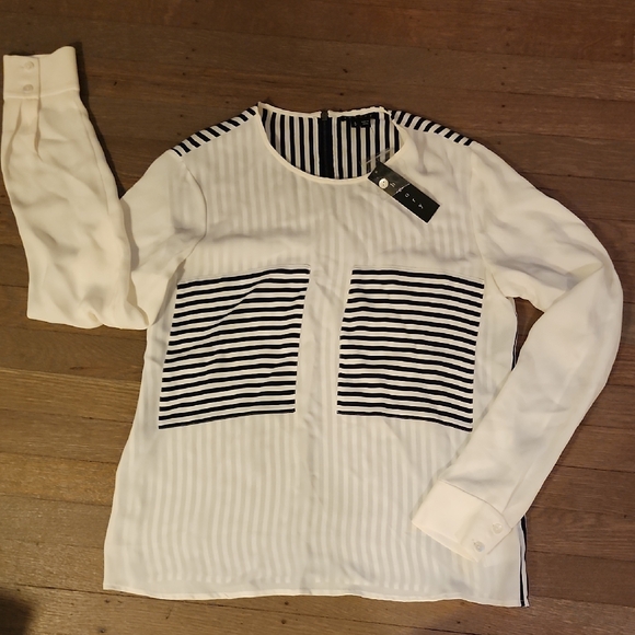 Theory -"Mariya" Navy & White Striped Top -Silk- Half Zipper Back Size S NEW - Picture 1 of 7
